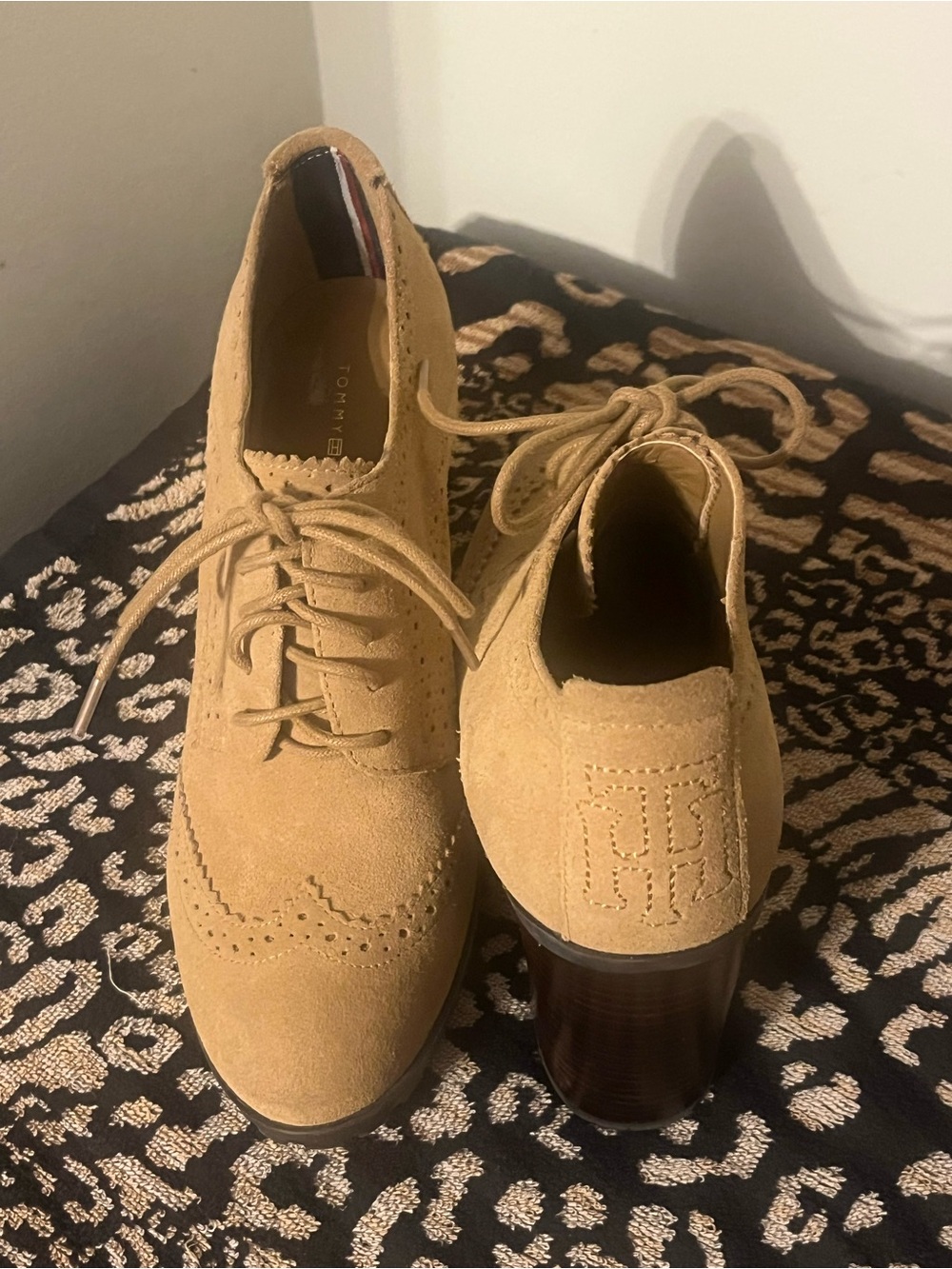 Tommy Hilfiger Camel Suede Lace-Up Brogue Heels